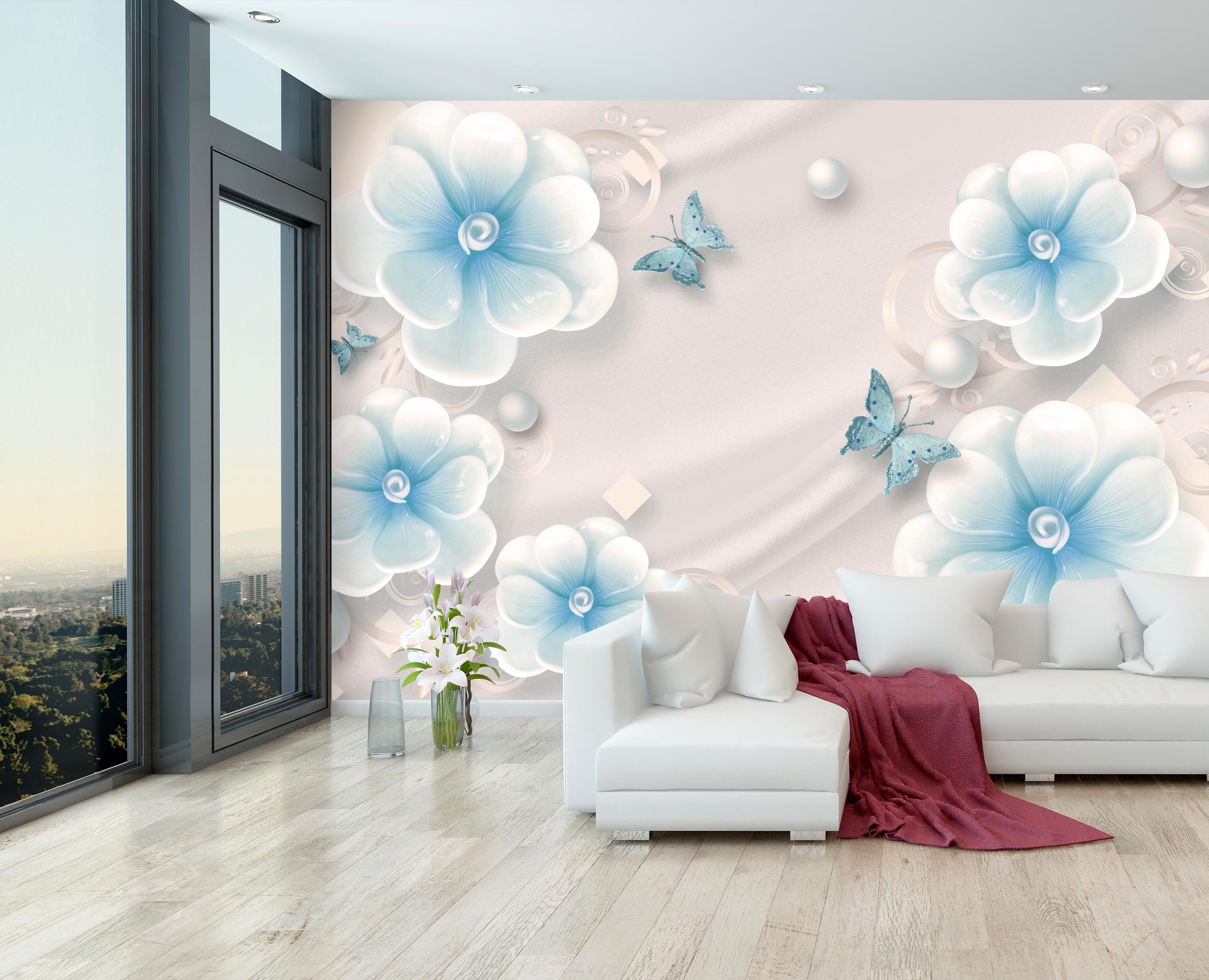 M5233 Flowers Discover Mural Wall Silk Butterflies Beads Blue