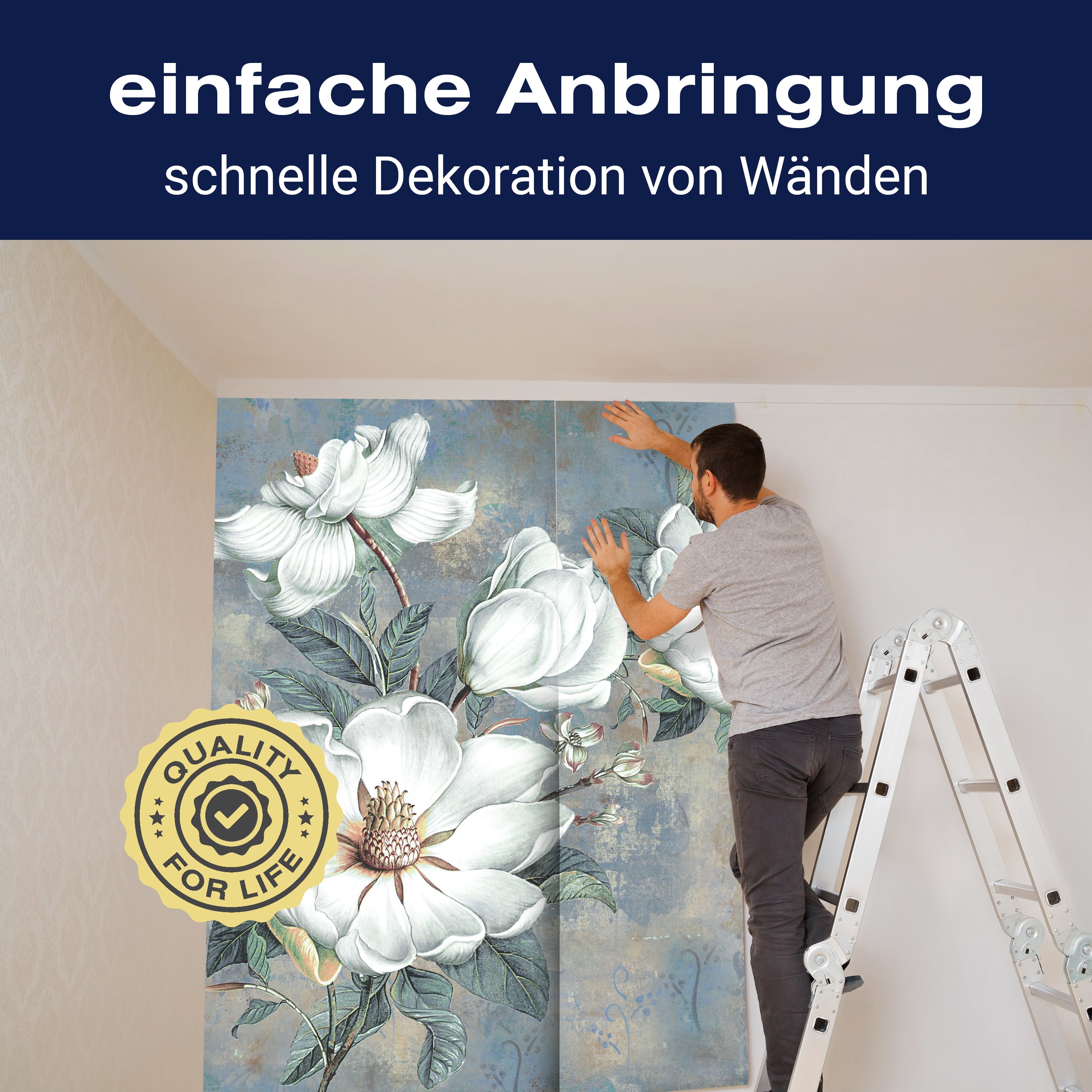 Fototapete weiss Blumen alt blau Betonwand M4680 - Bild 3